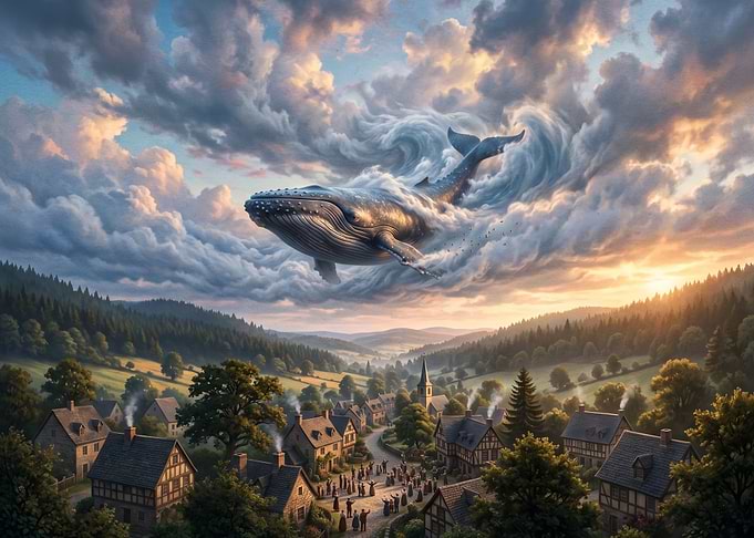 Whale Swimming Through Clouds Above Village