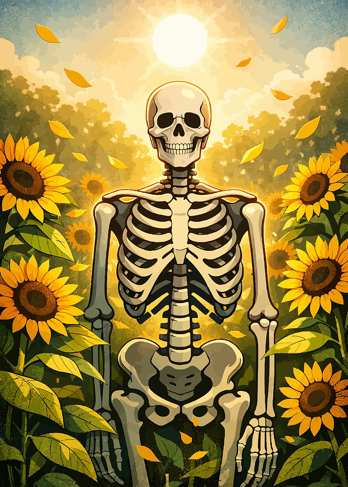 Skeleton Standing in Sunflower Field