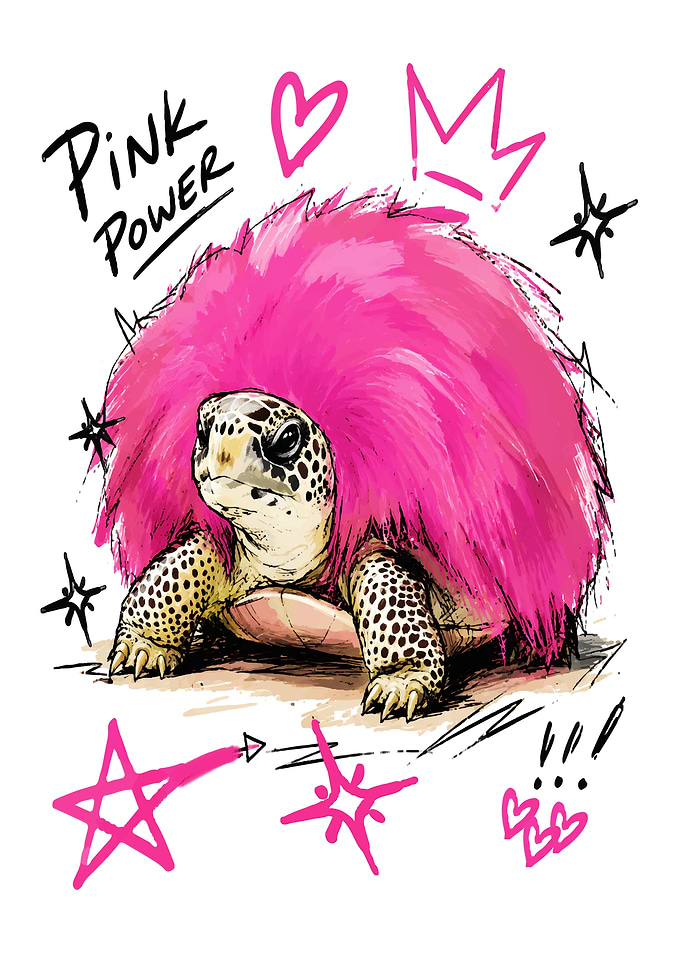 Pink Power Furry Turtle Illustration