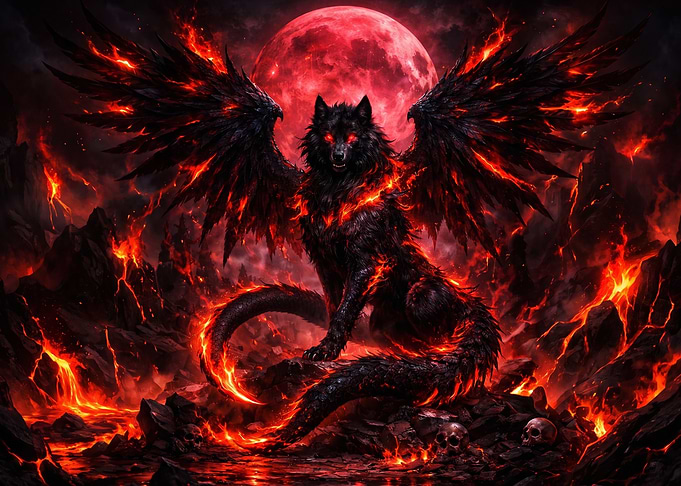 Fiery Winged Wolf in Hellscape