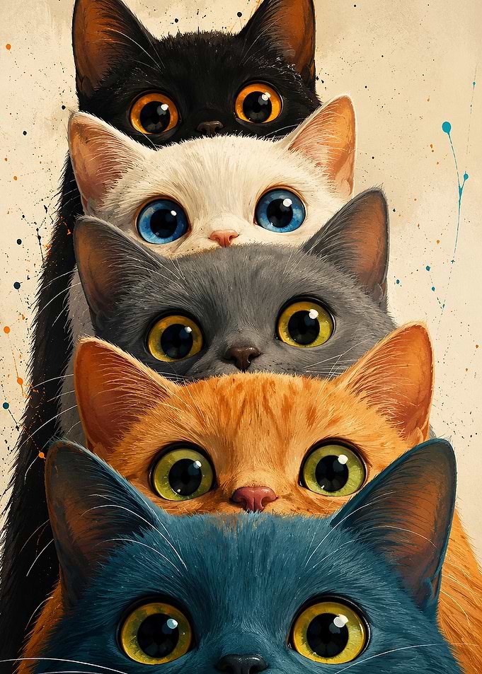 Cute Stacked Cats | Colorful Cat Wall Art | Whimsical Animal Illustration