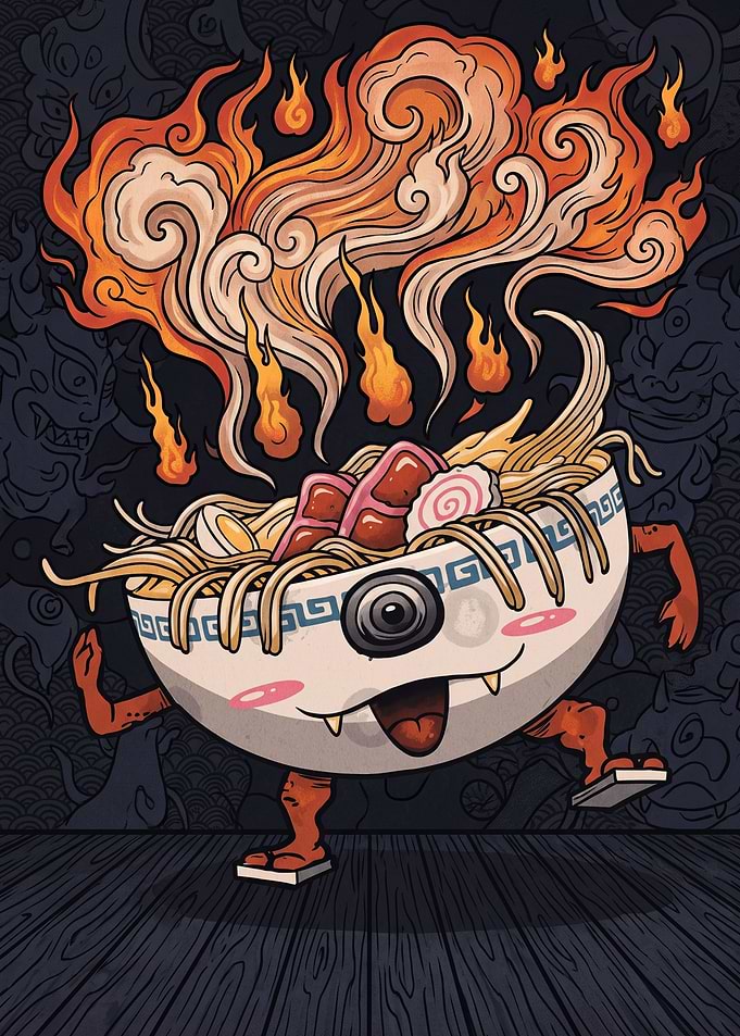 Fiery Ramen Monster Illustration