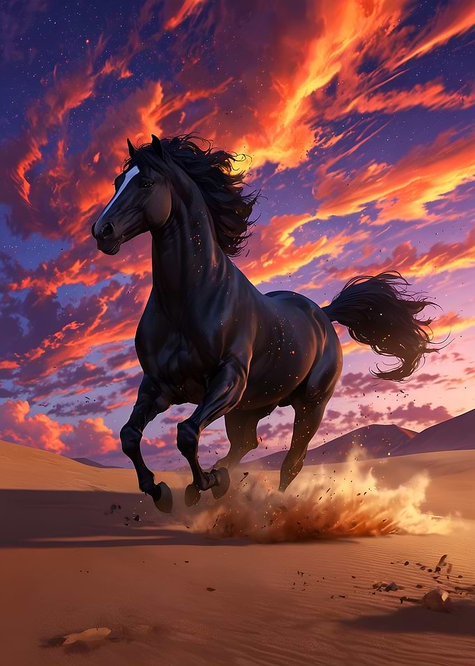 Black Horse Galloping in Desert Sunset