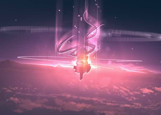 Anime Girl Floating in Glowing Sky