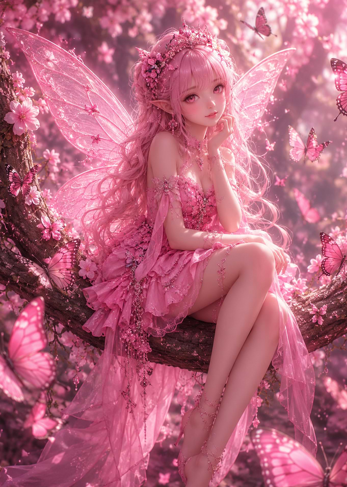 Pink Fairy in Cherry Blossom Tree