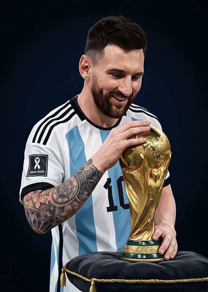 Lionel Messi with World Cup Trophy Football Stars