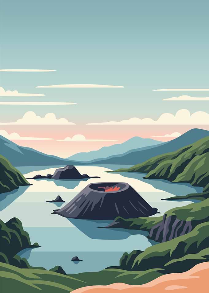 Volcanic Island Landscape Illustration