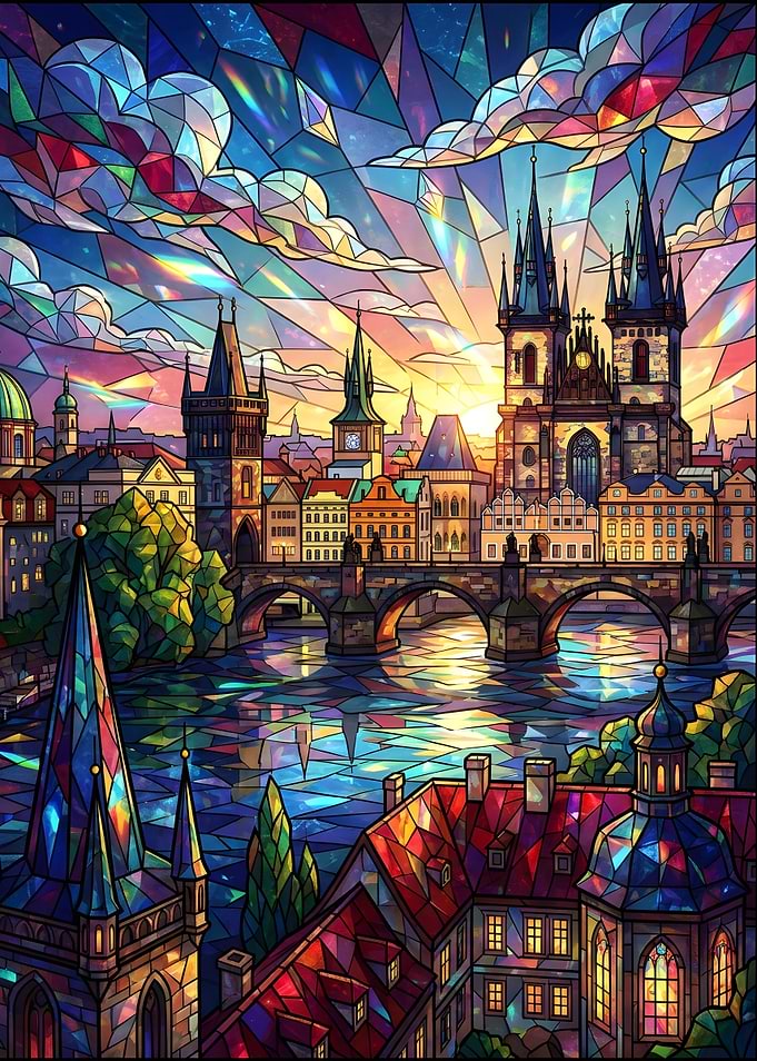 Stained Glass Prague Cityscape