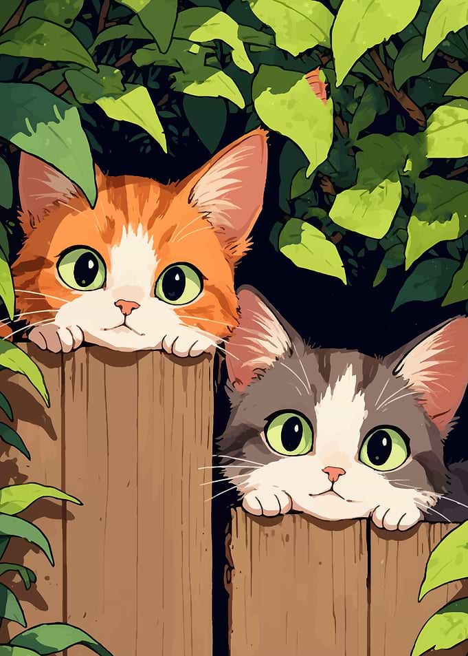 Two Cute Kittens Peeking Over Fence
