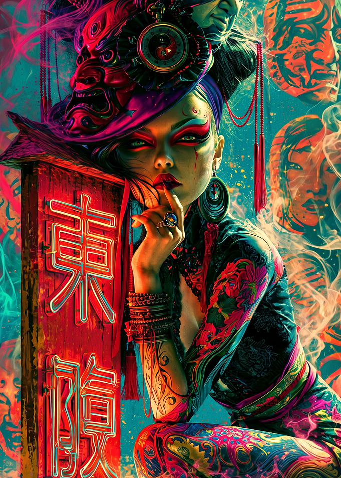 Neon Cyberpunk Geisha Portrait