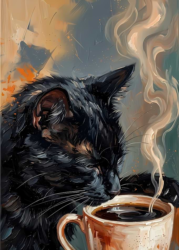 Black Cat Enjoying Steaming Coffee