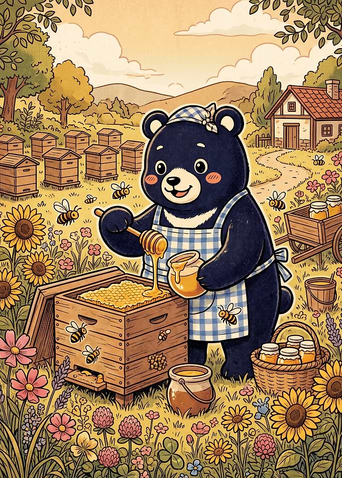 Cute Bear Harvesting Honey