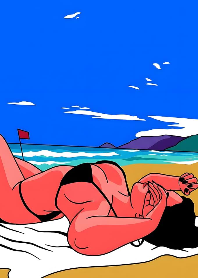 Woman Sunbathing on Beach Pop Art