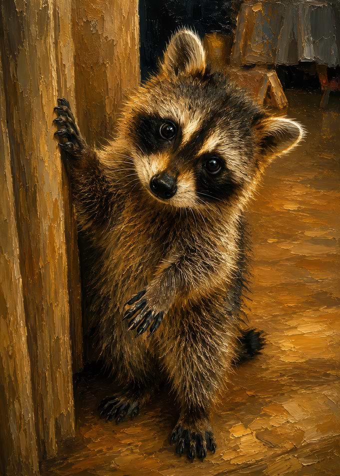 Curious Baby Raccoon Oil Painting