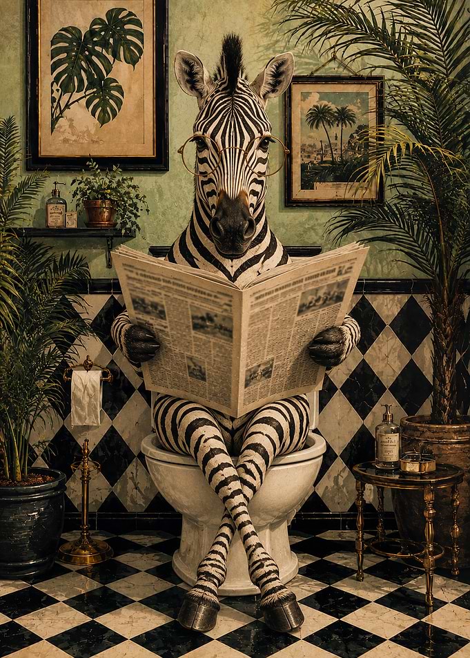 Zebra Reading Newspaper on Toilet