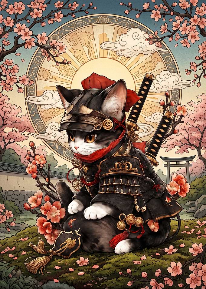 Samurai Cat in Cherry Blossom Garden