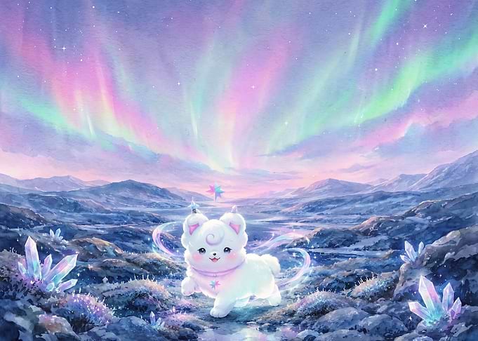 Cute Magical Creature Under Aurora Sky