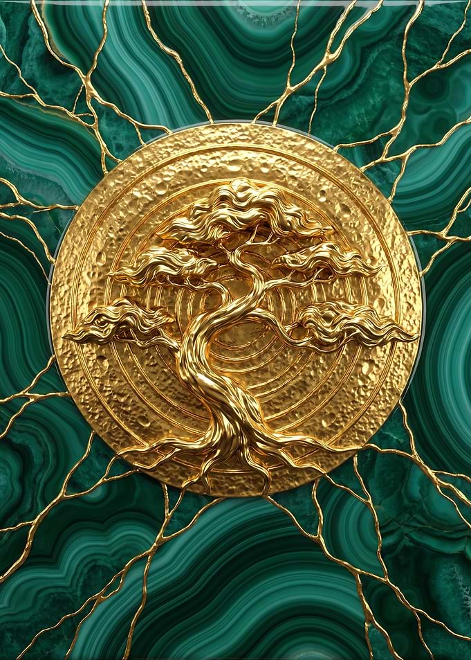Golden Bonsai on Malachite Background