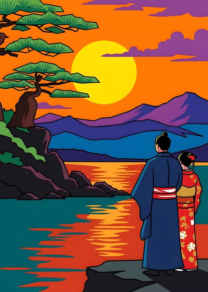 Couple Watching Sunset Over Japanese Landscape