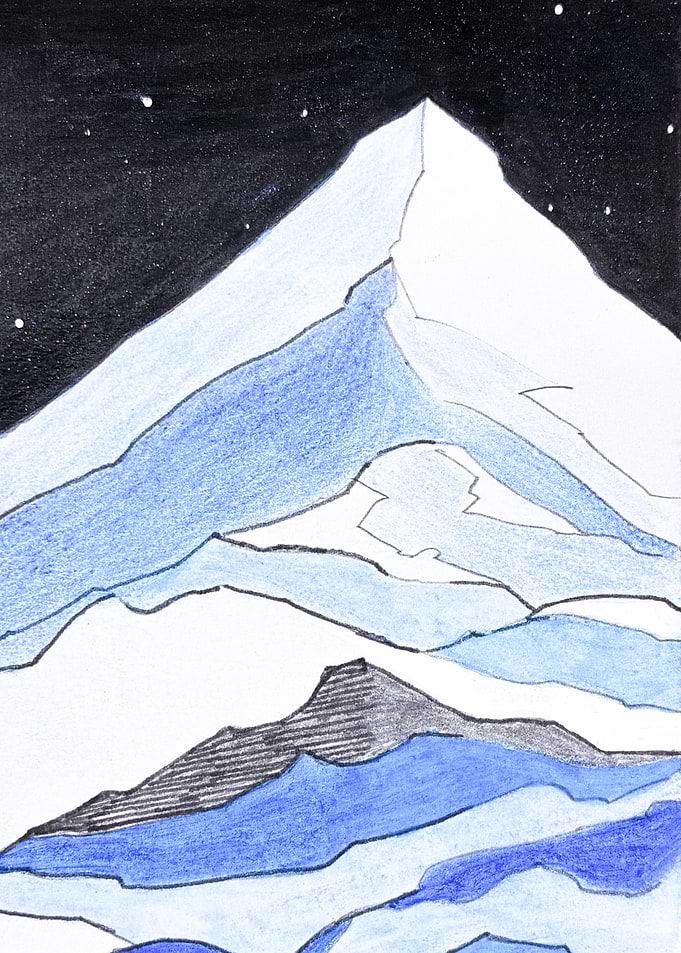 Hand-Drawn Mountain Peak at Night