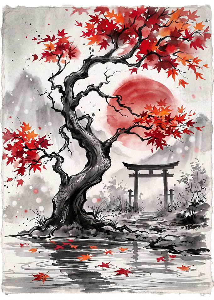 Japanese Maple Tree and Torii Gate