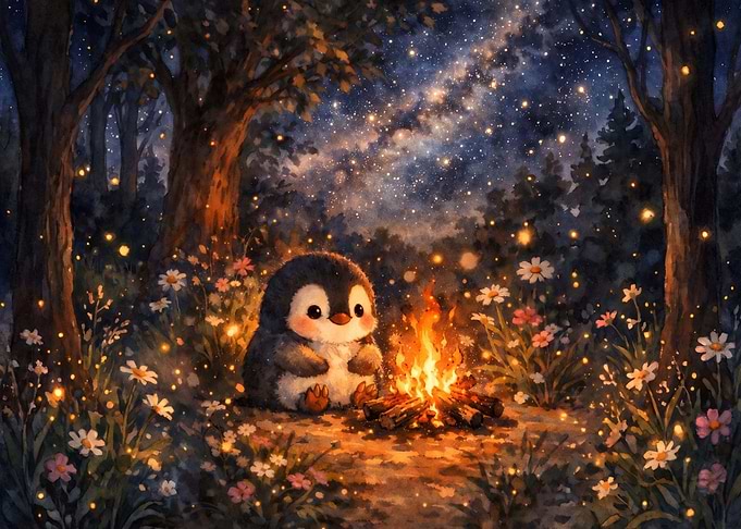 Cute Penguin Camping Under Stars