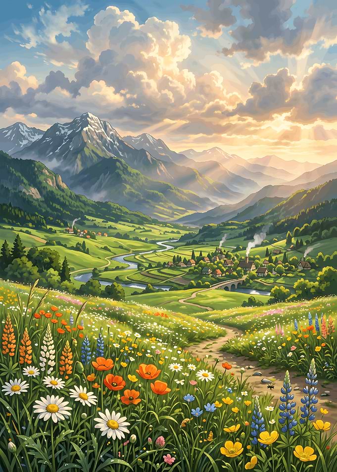 Idyllic Alpine Valley Meadow Landscape