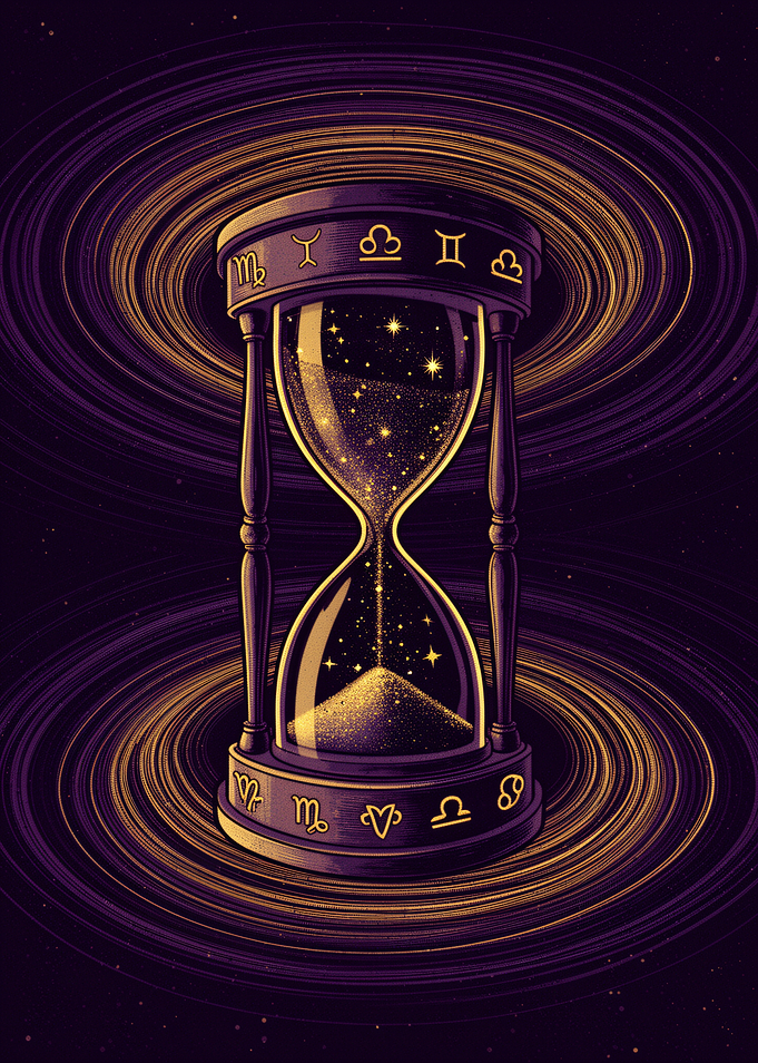 Cosmic Hourglass with Zodiac Symbols