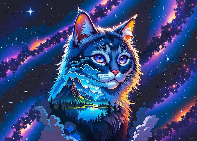 Cosmic Cat with Mountain Landscape Silhouette