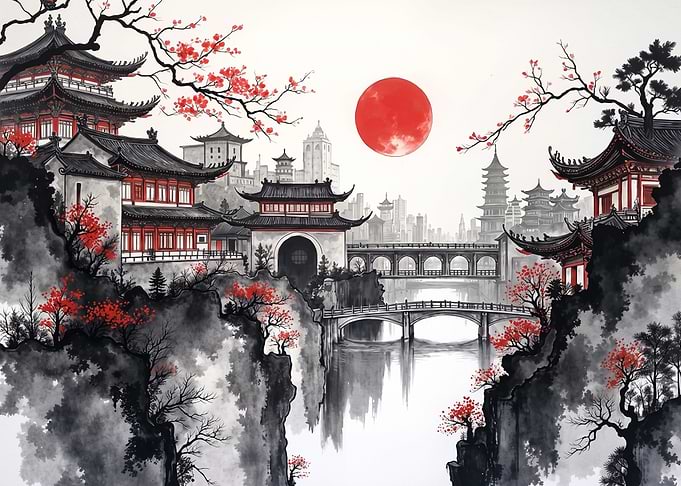 Traditional Asian Landscape with Red Sun