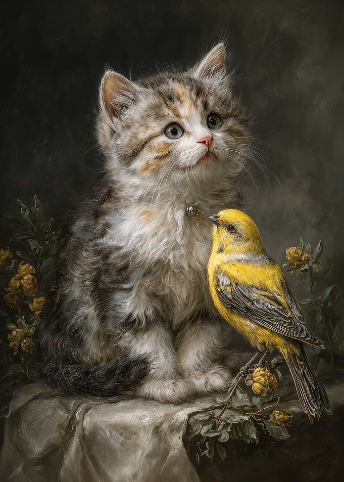 Cute Calico Kitten with Yellow Bird