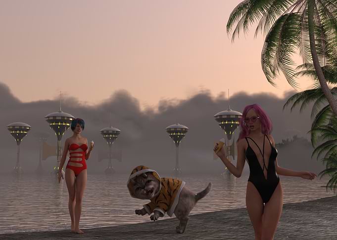Futuristic Beach Day with Friends and alien cat pet