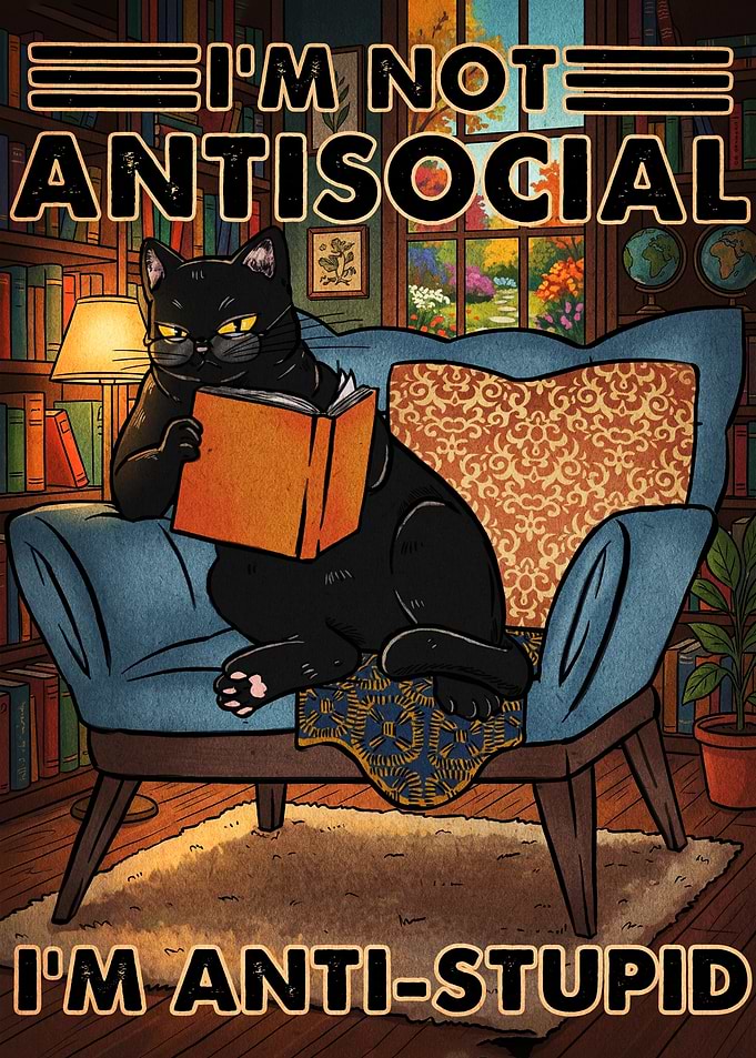 Black Cat Reading Book Poster