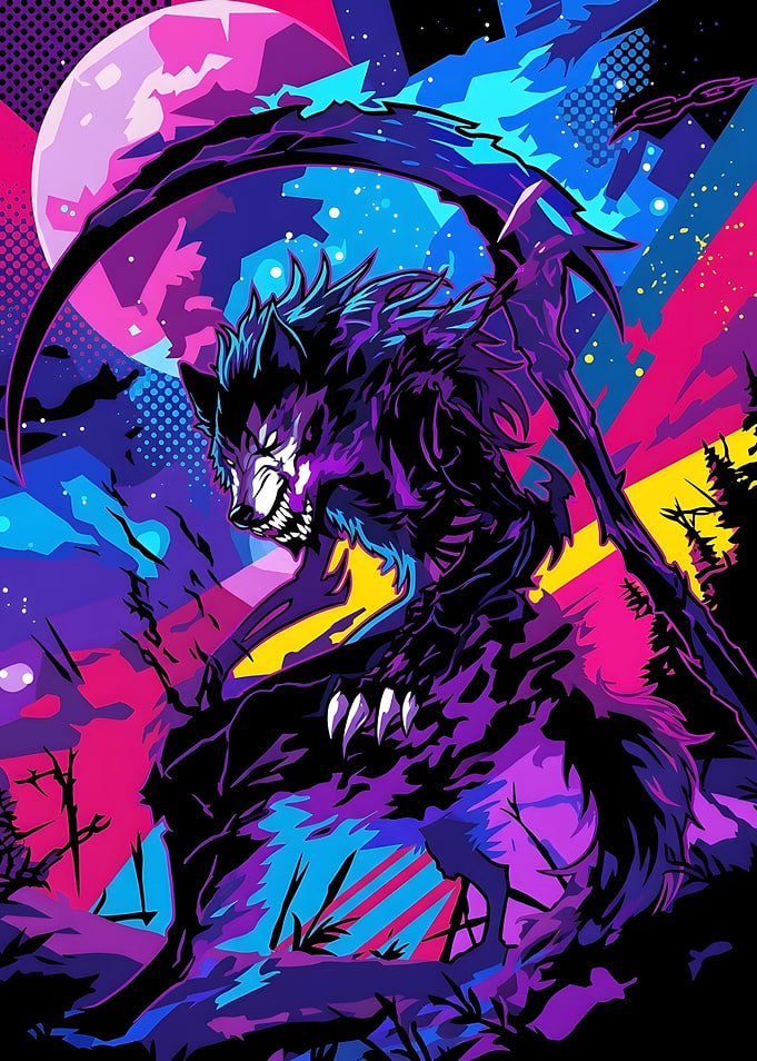 Neon Synthwave Werewolf with Scythe