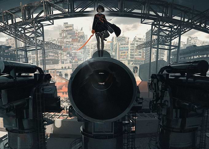 Anime Girl Standing on Large Cannon