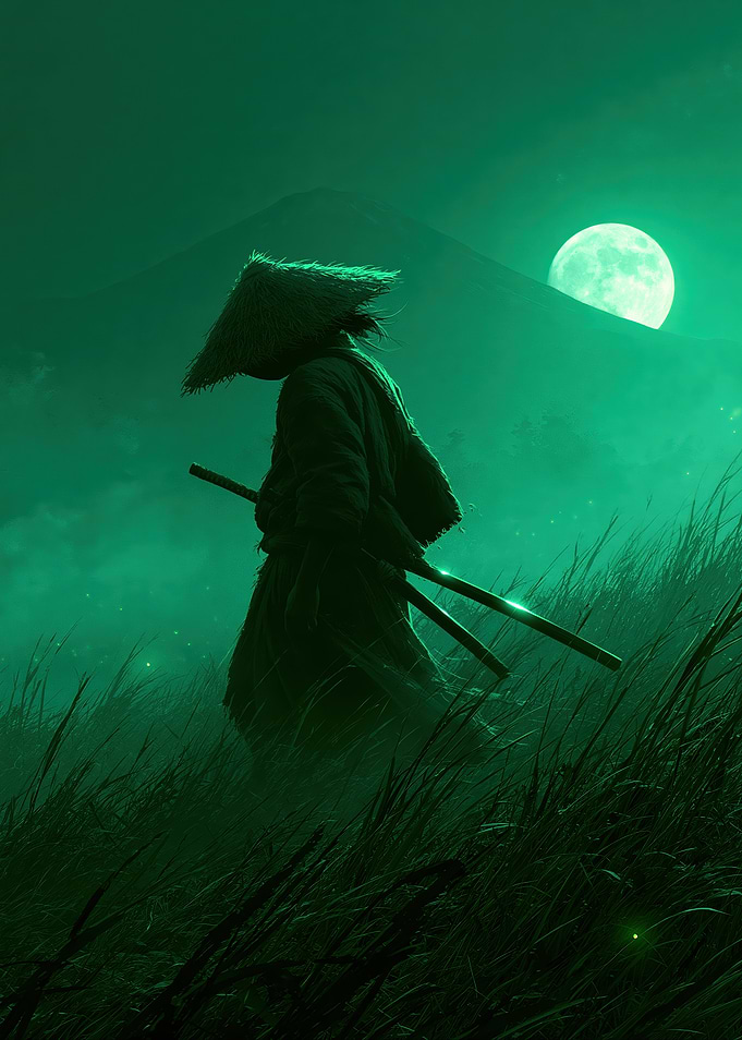 Lone Samurai Under Green Moon