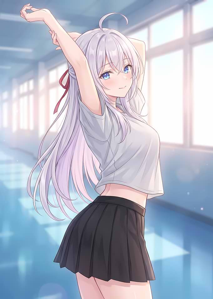 Anime Girl Stretching in School Hallway