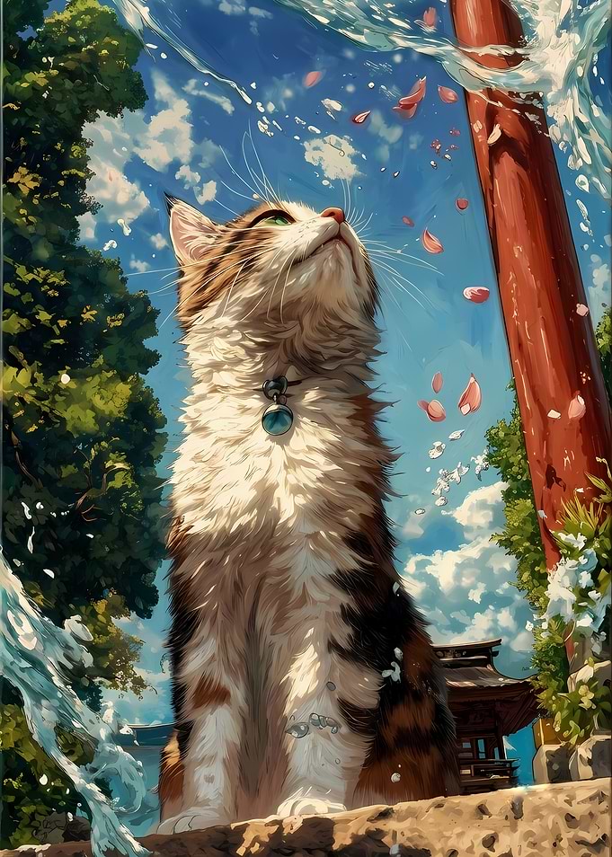 Calico Cat Under Cherry Blossoms