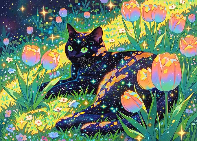 Cosmic Galaxy Cat in Tulip Garden