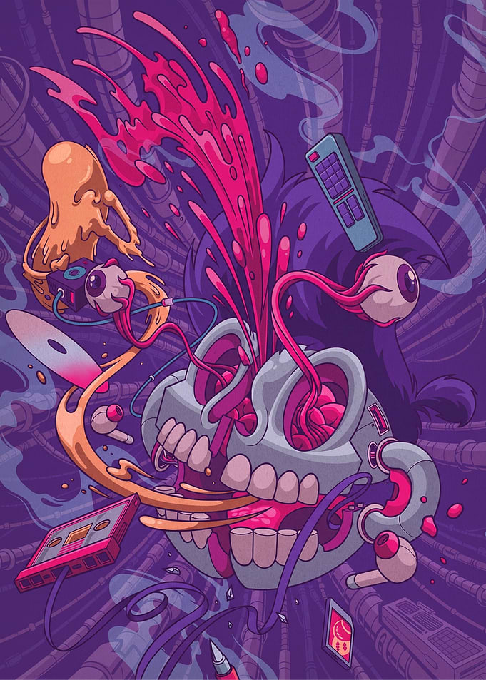 Surreal Cyberpunk Skull Explosion Art