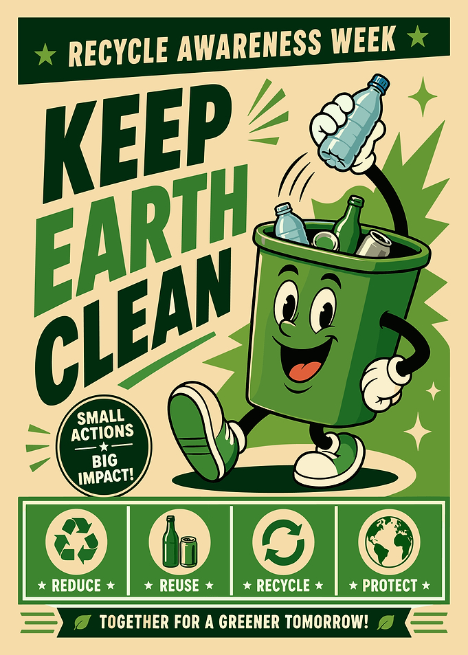 Retro Recycle Awareness Week Poster | Green Recycling Bin Wall Art Print