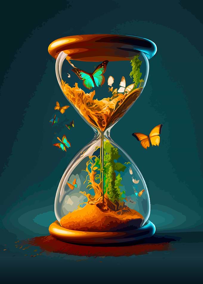 Surreal Hourglass with Butterflies and Nature