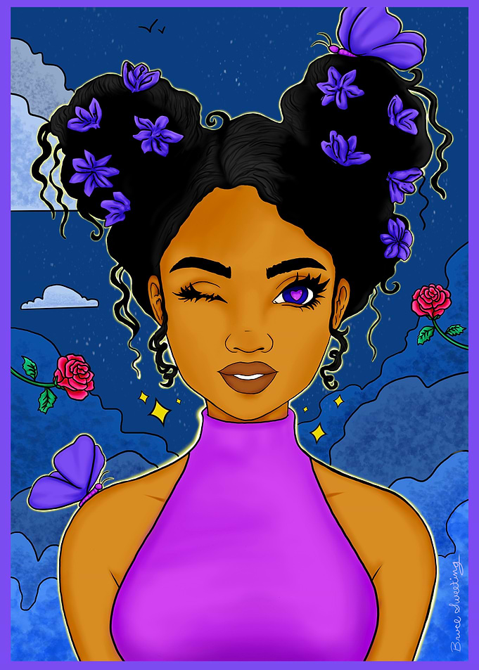 Winking Girl with Purple Butterflies
