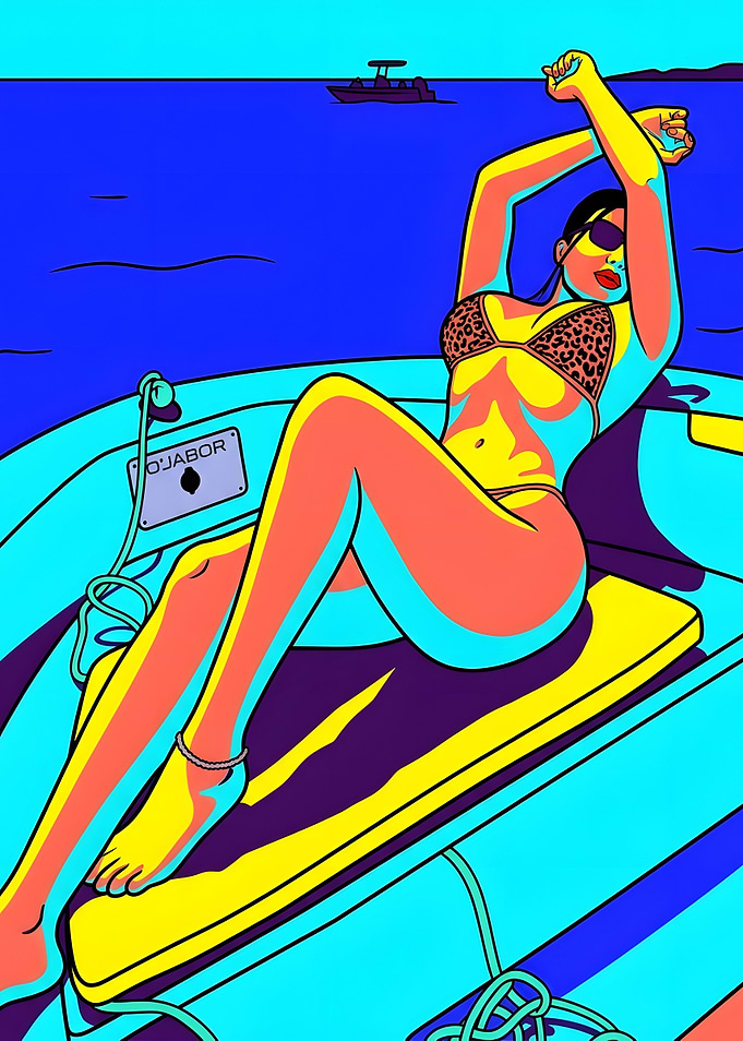 Pop Art Woman Relaxing on Boat