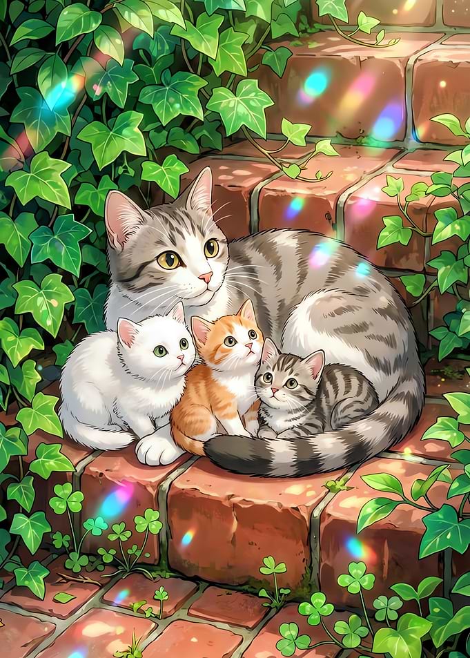 Mother Cat and Kittens on Steps