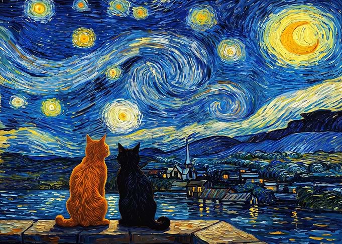 Cats Watching Starry Night Sky