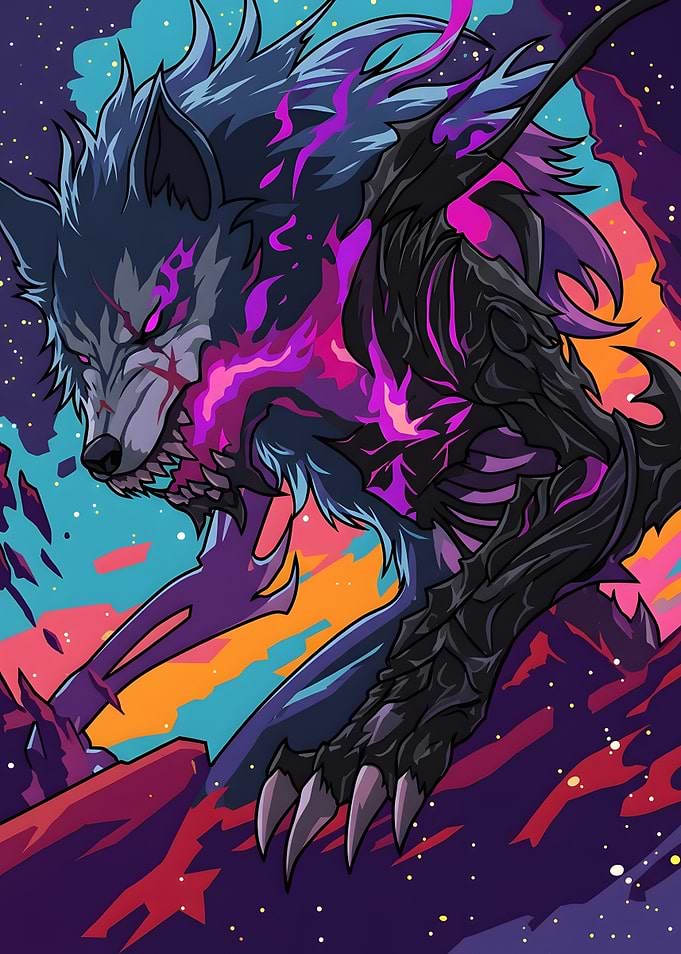 Neon Shadow Wolf Fantasy Illustration
