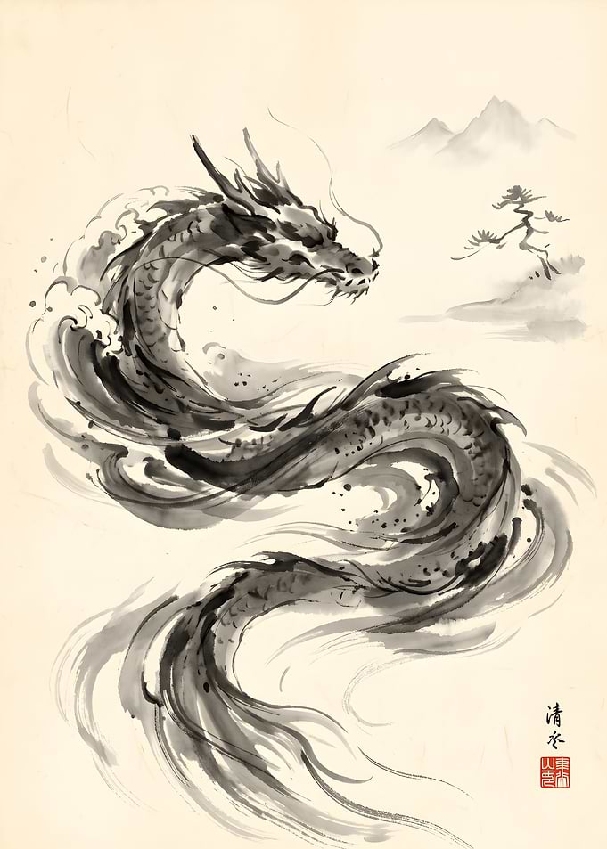 Traditional Ink Wash Dragon Painting