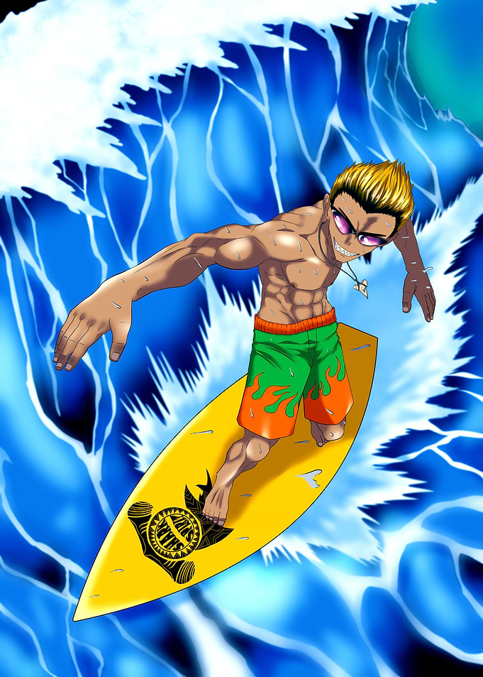Anime Surfer Riding a Wave
