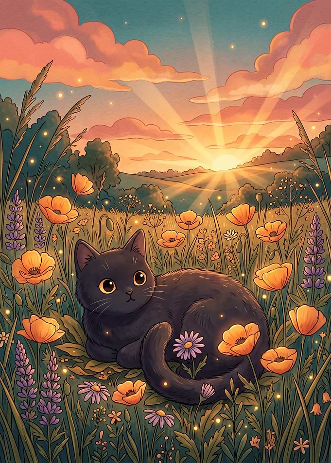 Black Cat in Sunset Meadow